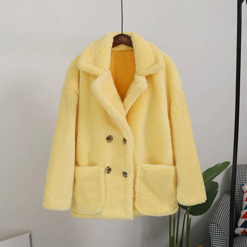 yellow teddy coat Зимнее теплое пальто из искусственного меха ягненка, Женское пальто большого размера с толстым леопардовым плюшевым медведем, пальто для женщин, массивная верхняя одежда, пальто - Цвет: yellow teddy coat