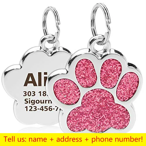 Personalized Engraving Pet Cat Name Tags Customized Dog ID Tag Collar Accessories Nameplate Anti-lost Pendant Metal Keyring Dog paw-Pink
