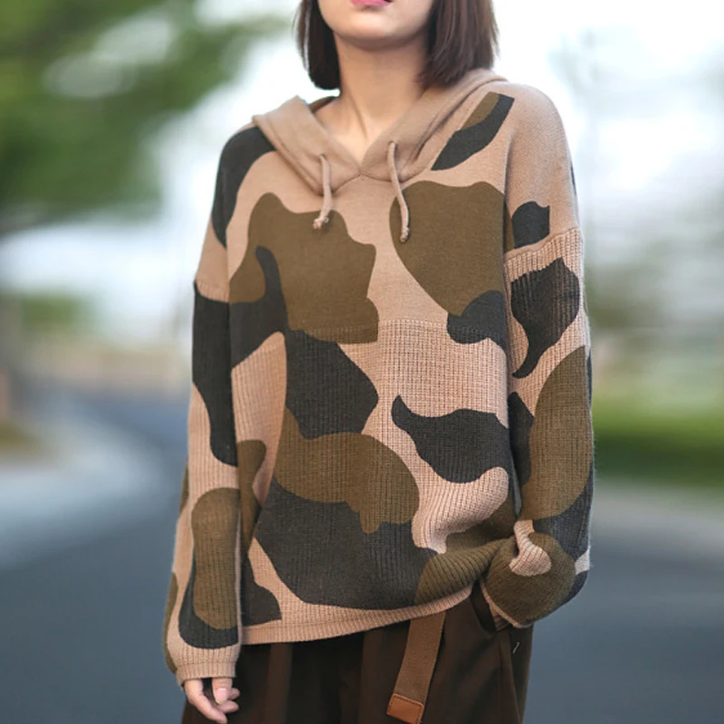 Женский вязаный пуловер Johnature Свободный с капюшоном длинным рукавом и цветочным