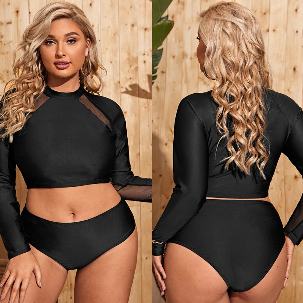 

081 Black Long Sleeve Bikini 2022 Swimwear Sexy Clothes Beach Swimsuits Extra Sizes Women Large Size Female 2 Piece Plus Sets XL