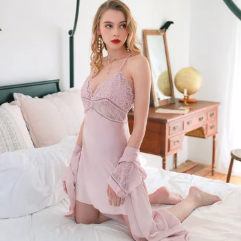 

Spring and Summer New Pajamas Women Sexy Strap Lace Nightgown Nightdress Two Piece Suit Chest Pad Ice Silk Leisure Tops