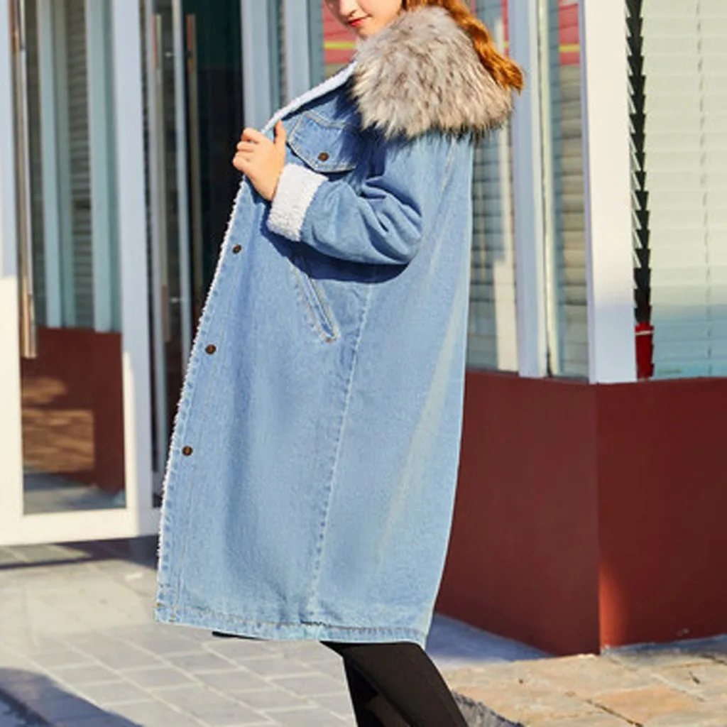 Winter Womens Jean Jacket Thicken Warm Fleece Denim Coat Punk Long Outwear abrigos mujer invierno W1002
