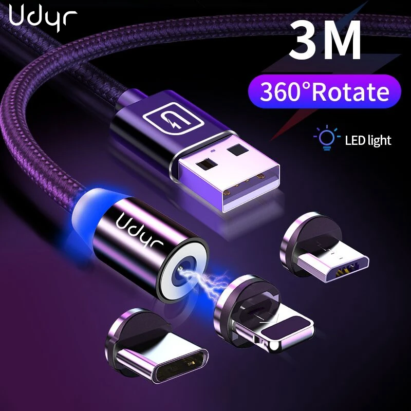 Udyr 3 м Магнитный кабель Micro USB Type C для iPhone XS Samsung быстрая зарядка магнитное зарядное