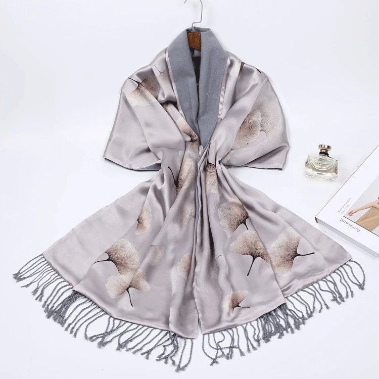 

Autumn And Winter Mulberry Silk Double Layer Cheongsam Accessories Shawl Digital Printing Ginkgo zhen si la rong Scarf Long Silk