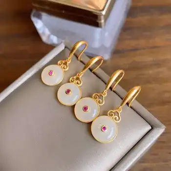 

New silver inlaid natural Hetian white jade earrings Chinese style retro unique sand gold craft elegant women's brand jewelry