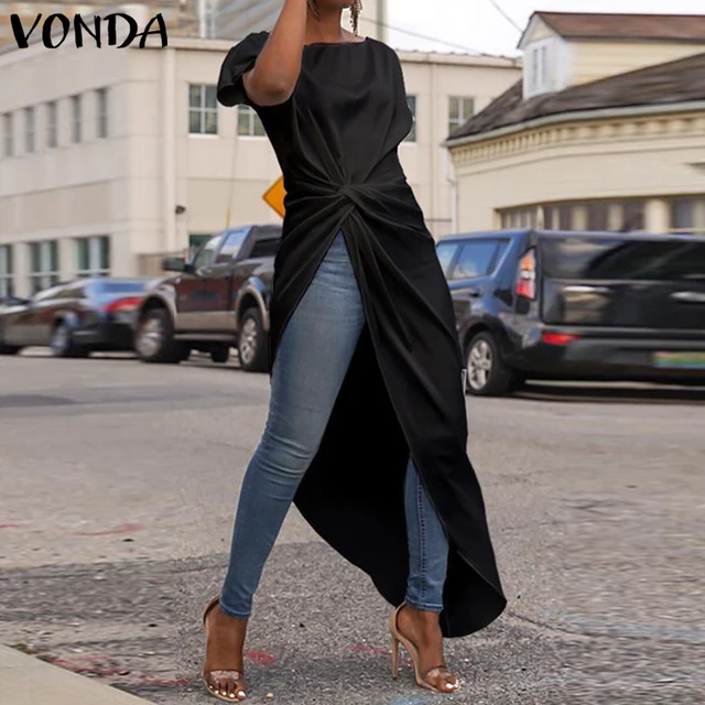 US $9.87 VONDA Women Asymmetrical Blouse 2020 Summer Casual Sexy Split Hem Party Tops Long Ladies Office Shi