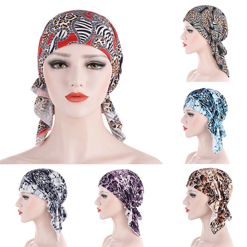 

Women Muslim Turban Cotton printed headscarf Headband Leopard Baotou cap Beanie Bandana Head Wrap Cap print Headwear