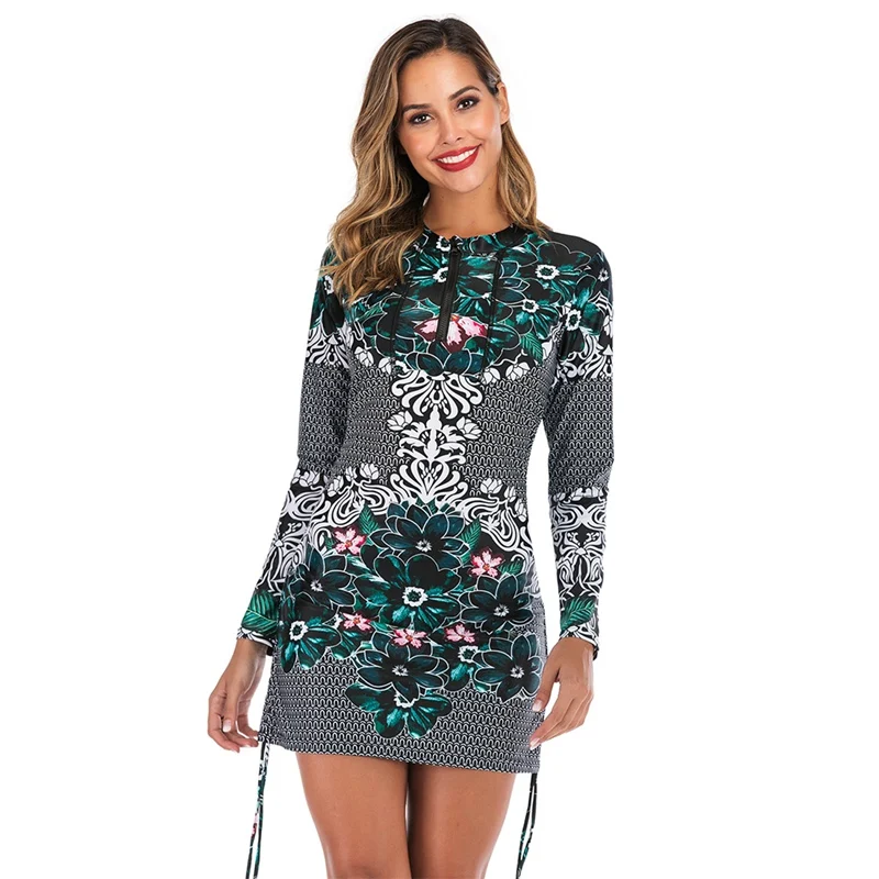 

Female Surf Swimwear Floral Beachwear Women Summer Swim Dress Two Piece Swimwear Long Sleeve Swimsuit SEXY Bathing Suit