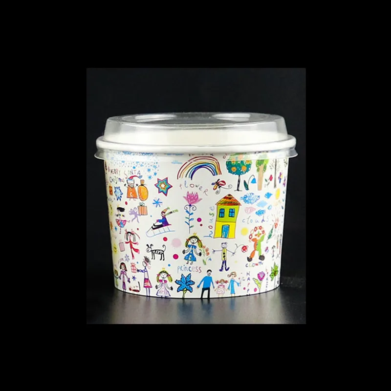 50 шт. одноразовый лед бумажное мороженное чаша утолщение 300 мл мультфильм большой салат жареный йогурт миска для супа бумажный стакан для еды с крышкой - Цвет: cup and lid9