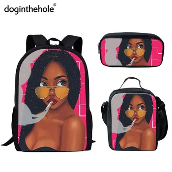 

doginthehole Fashion School bag Set African Black Girls Design Girls Book bag Cartoon Backpack for Teenager Kids mochila mujer