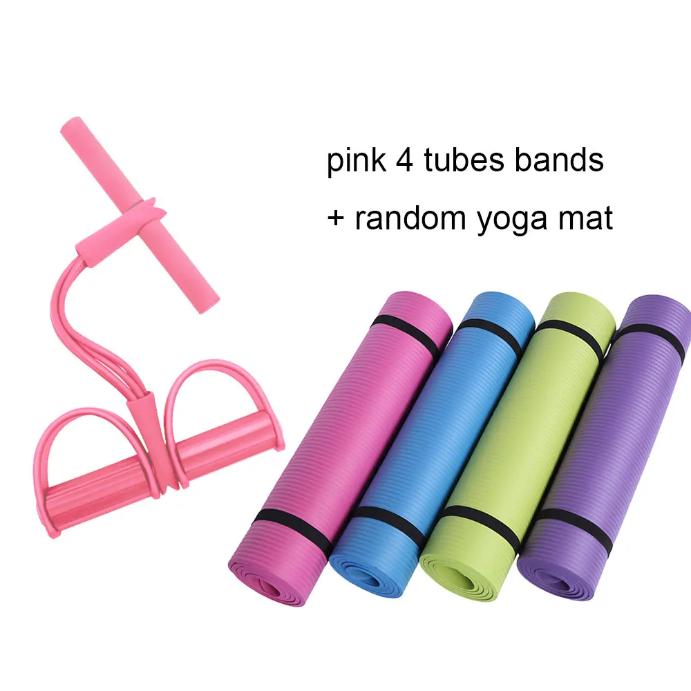 pink random mat 2 Pieces Yoga Set Workout 4 Tubes Strong Fitness Yoga Resistance Bands With 10mm Yoga Mat Natural Latex Pedal Exerciser Sit- up - Цвет: pink random mat