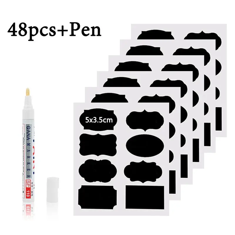 48Pcs/Set Waterproof Chalkboard Kitchen Spice Label Stickers Home Jars Bottles Tags Blackboard Labels Stickers With Marker Pen