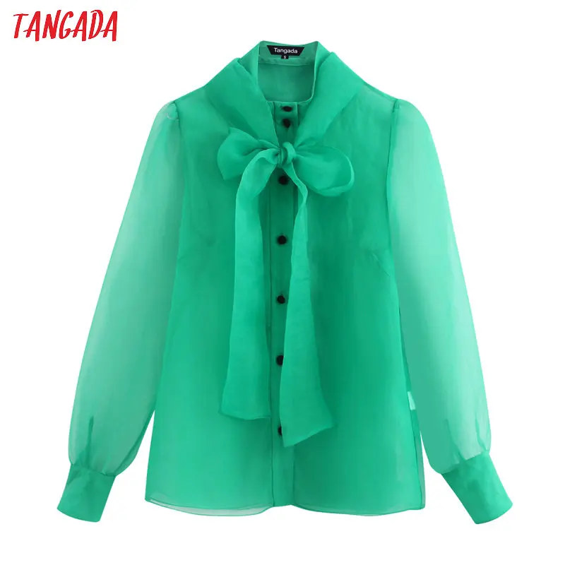  Tangada women chic green transparent blouse buttons long sleeve female mesh shirts stylish ladies t