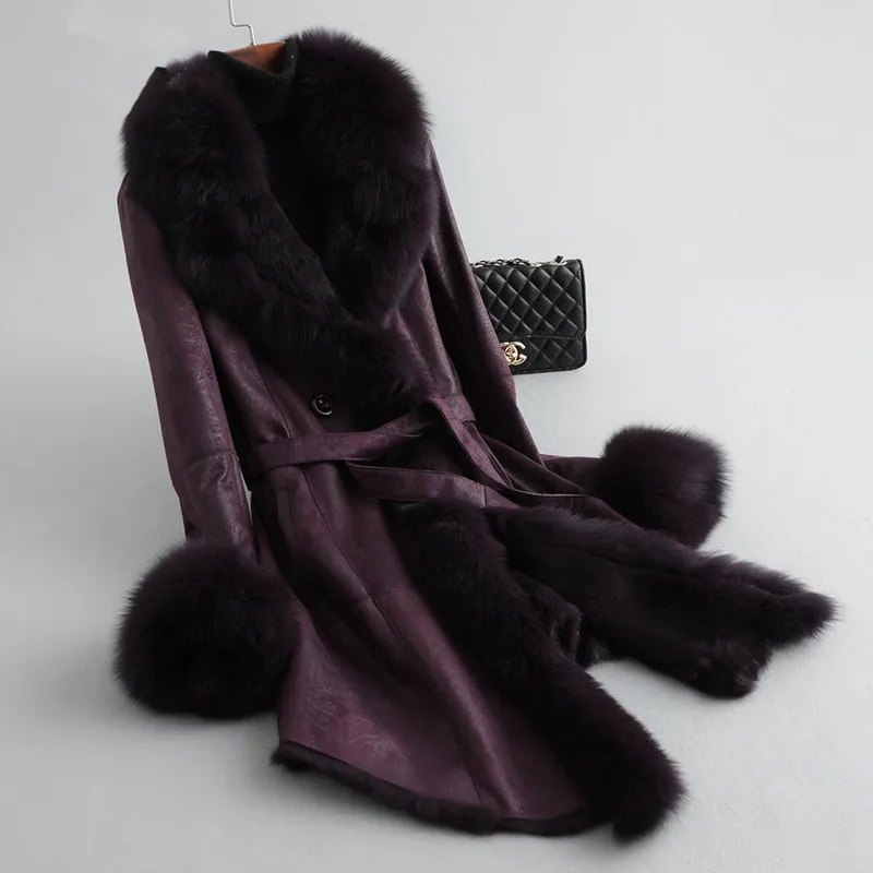 purple AYUNSUE/зимнее пальто для женщин, Двустороннее пальто с натуральным кроличьим мехом, женские Куртки из натуральной кожи с меховым воротником, женская одежда MY - Цвет: purple