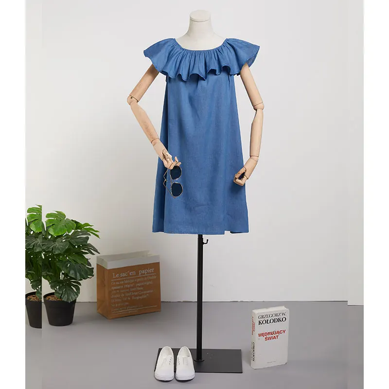 Preise DIMANAF 2020 Kleid L 4XL Plus Größe Frauen Dame Blau Denim Sexy Rüschen Sommer Strand Stil Sommerkleid Übergroßen Vintage Lose Kleider