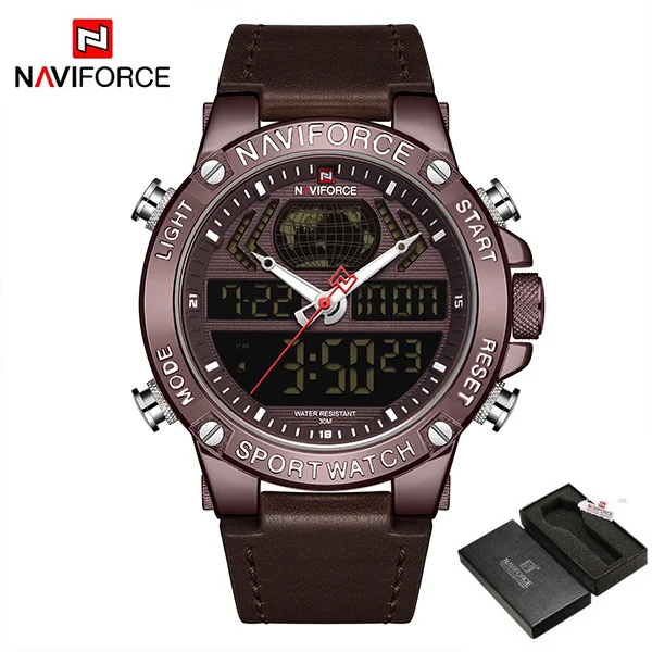NAVIFORCE мужские часы Роскошные брендовые кварцевые часы кожаные водонепроницаемые военные часы с двойным дисплеем для мужчин Relogio Masculino - Цвет: CoffeeWithBox