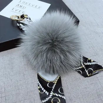 

Fashion Big Silk Scarf Fox Fur Ball Key Chain Bag Hanging Jewelry Keychains Ladies Fur High Quality Key Ring