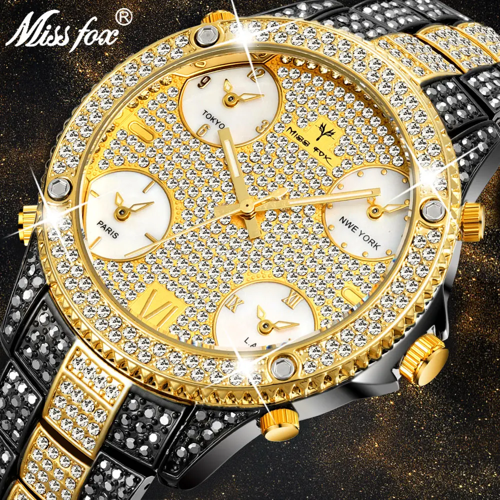 MISSFOX 51MM Oversized Big Dial Luxury Watch Men Diamond Accented Case With 5 Quartz Movt Analog Male Gold Business Wrist Watch afbeelding
