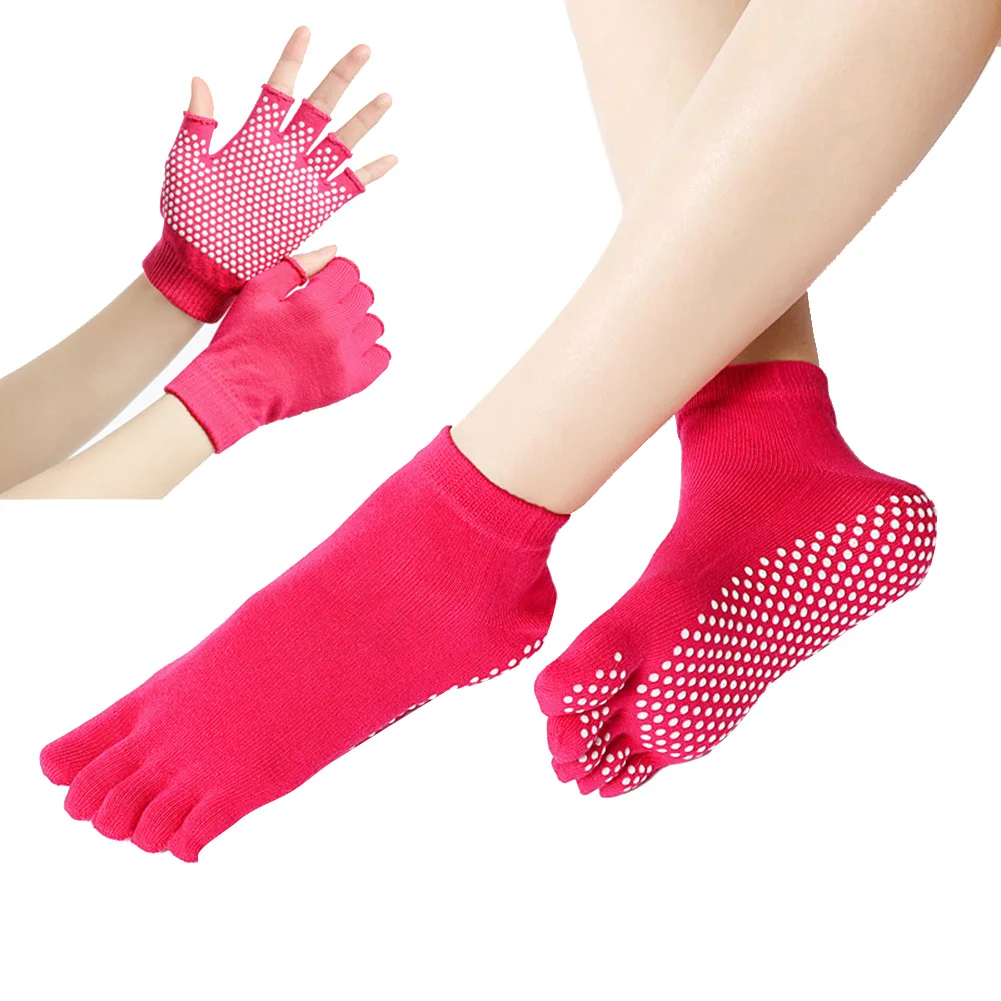 Rose-red Full finge Новые спортивные носки и Перчатки для фитнеса и йоги, набор дышащих Противоскользящих перчаток с пятью носками SD669 - Цвет: Rose-red Full finge