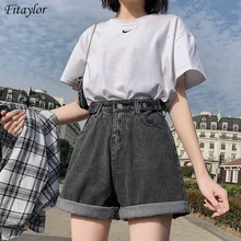 FAKUNTN – short en jean bleu pour femmes, taille haute, avec boutons, jambes, décontracté, coupe ample, Denim, nouvelle collection été