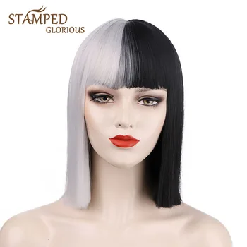 

Stamped Glorious 12inches Half Black Half White Bob Wig With Bangs Cosplay Wig Heat Resistant Synthetic Wigs for Black Women