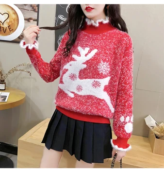 

Red New Year Christmas Sweater With Deer Women 2020 Autumn Winter Velvet Turtleneck England Style Ruffled Collar Wool Fleece