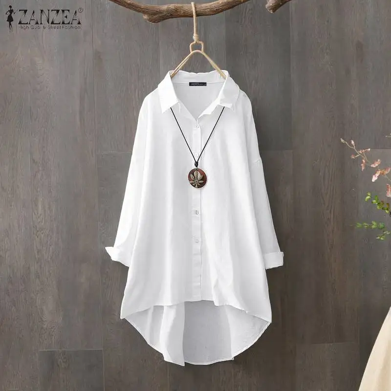  Women Tops and Blouses ZANZEA Plus Size Ladies Casual Work Office Shirt Tunic Cotton White Blusas B