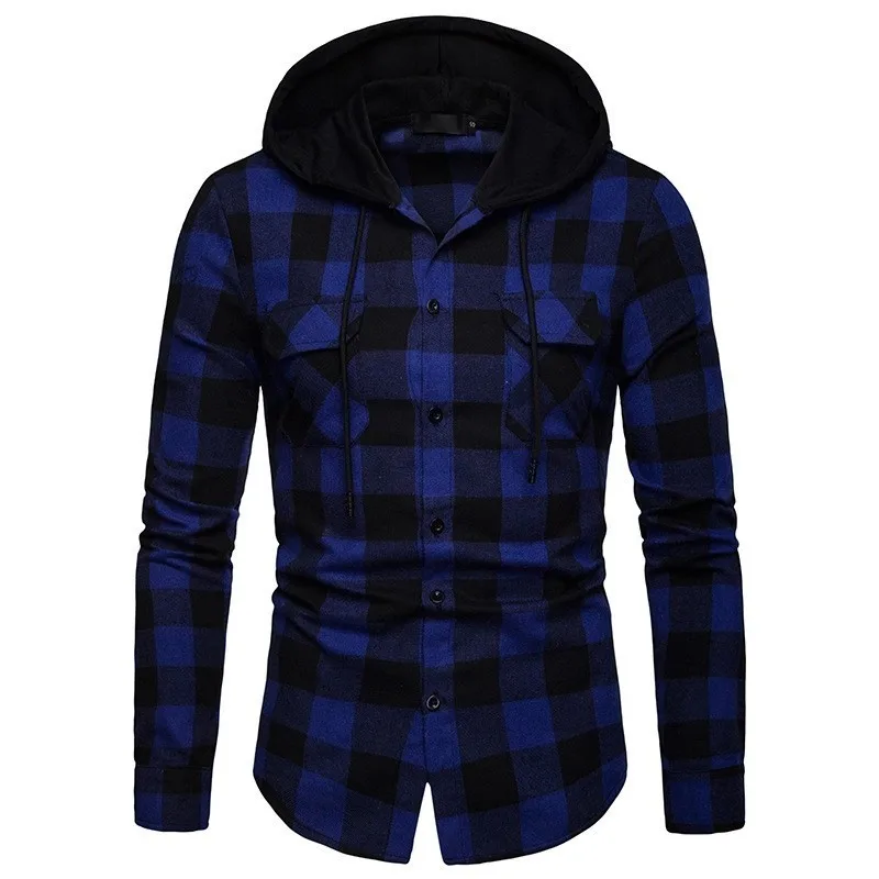 

2020 New Plaid Long Sleeve Shirts Men Hooded Business Spring Autumn Casual Single Breasted Shirts Fashion High Quality Clothes