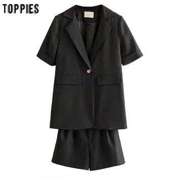 

toppies summer suit sets womens short sleeve blazer single button jackets elastic high waist shorts leisure two peice set