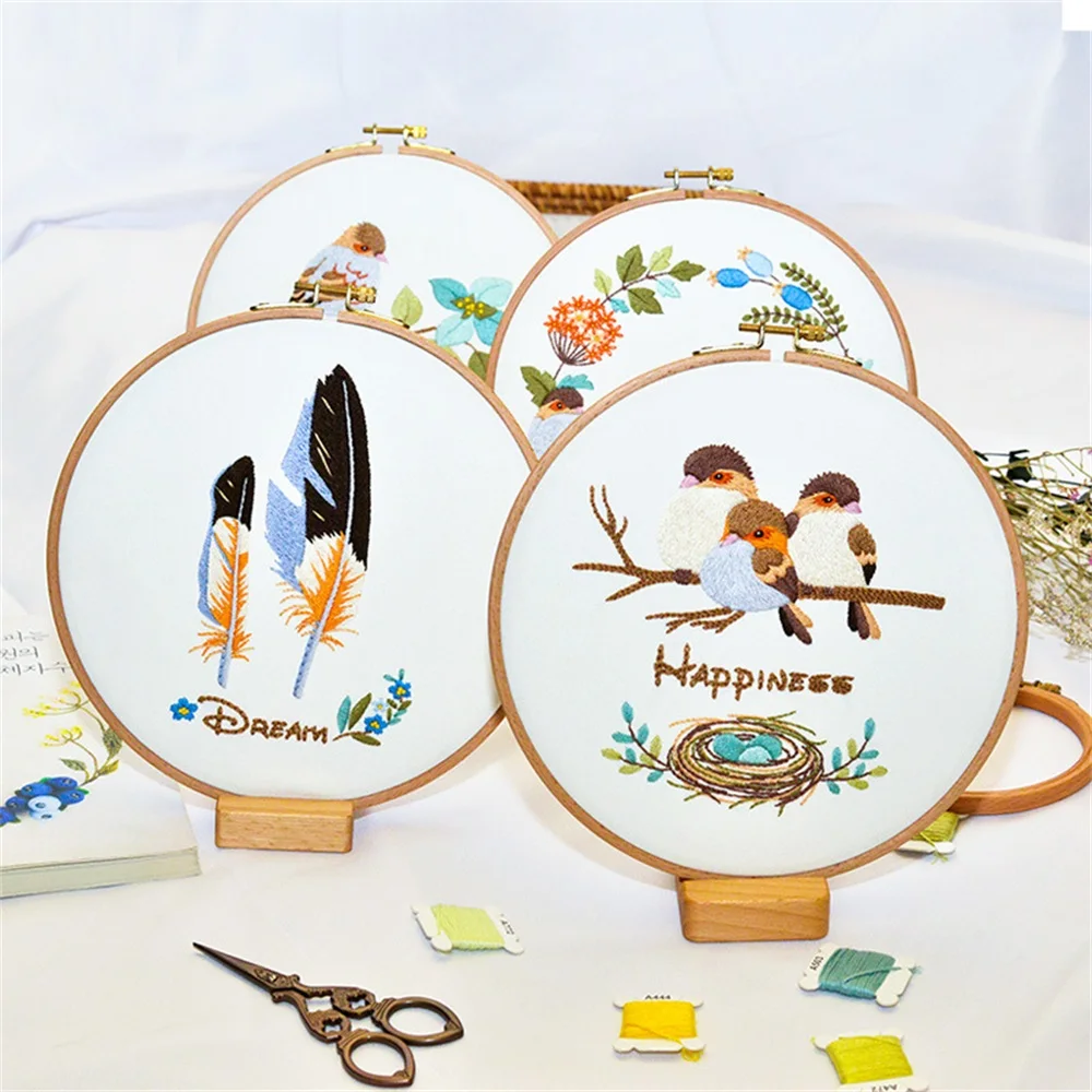 Diy Embroidery Kit for Beginner Bird Feathers Pattern Needle Embroideri Handicraft Material Cross Stitch Sewing Embroidery Frame