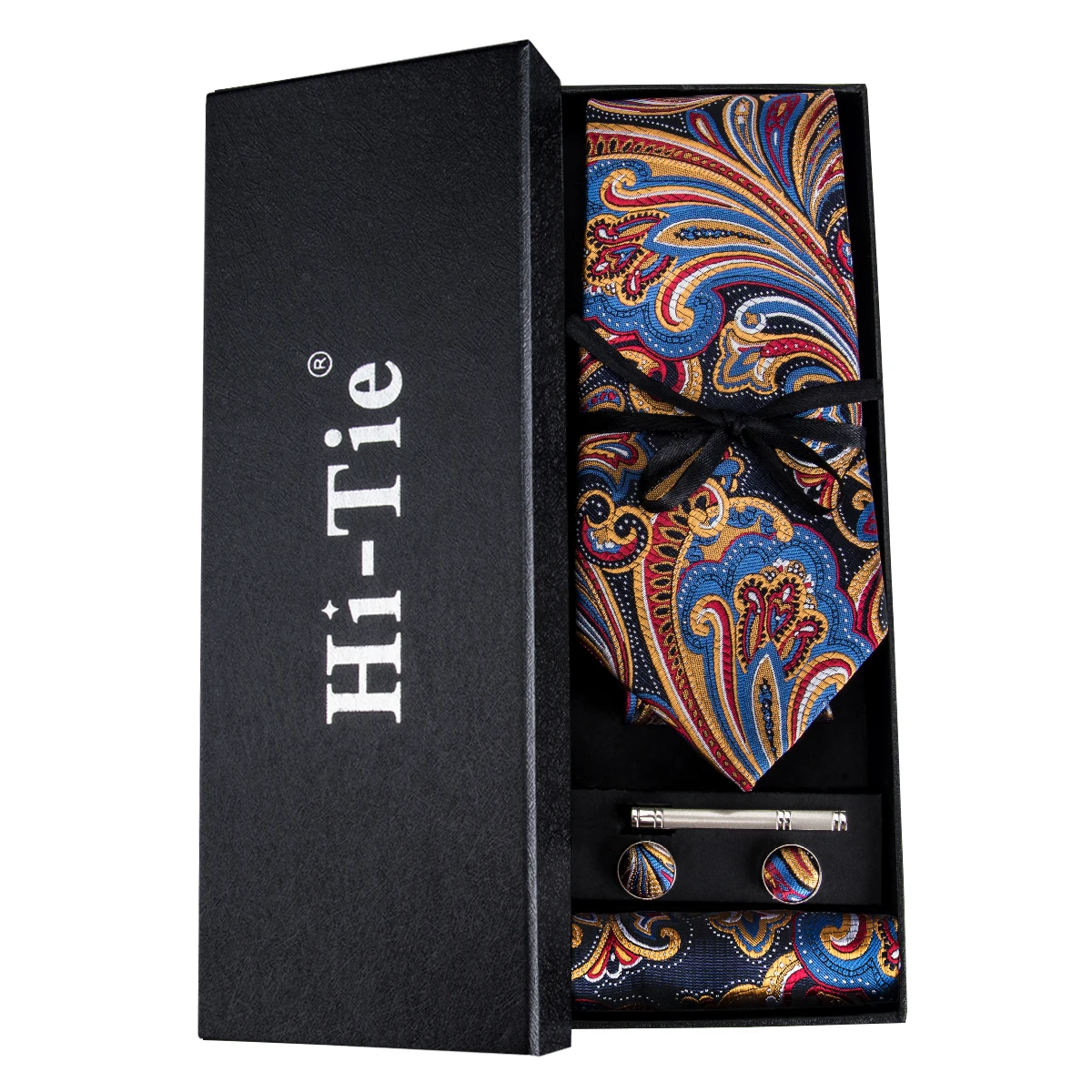 Men Silk Ties Red Cravat Gold Luxury Floral Necktie Set Cufflinks Colorful Tie Clip Gift Box for Wedding Business Hi-Tie HT-1657