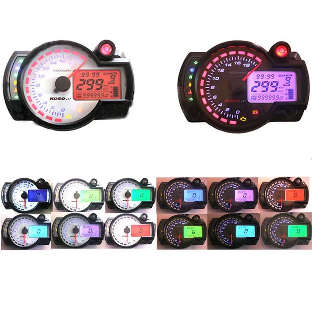 Aukson 18000RPM Motorcycle Speedometer Tachometer Odometer 7 Color LCD Digital Display Speedometer Gauge Meter 