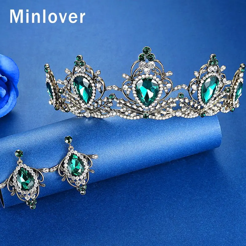 Green Minlover свадебная корона королевская свадебная диадема королева с висячими серьгами пышная головная повязка принцесса украшение для волос ювелирные изделия HG194 - Окраска металла: Green