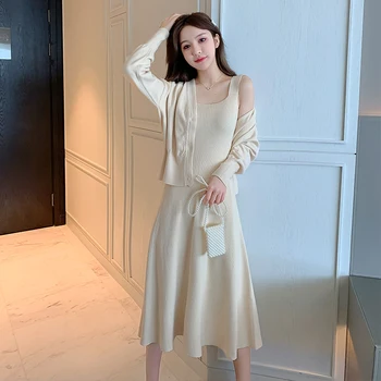 

Fashion Knit Dress Suit Women 2020 Solid Colors Long Sleeve Cardigan Sweater And Knitting A-Line Dress Two Piece Set