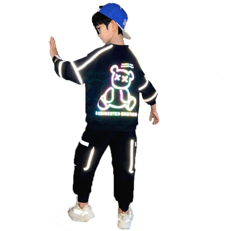 

4-12 Years Old Children's Clothing Winter New Boys 3D Bright Light Fleece Sweater Suit Hooded Plush Sportswear Children's Suit