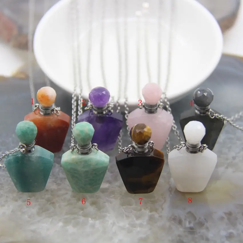 

Plated Silvers Necklaces Faceted Labradorite Perfume Bottle Pendants,Gems stone Jades Quartz Essential Oil Diffuser Vial Charms