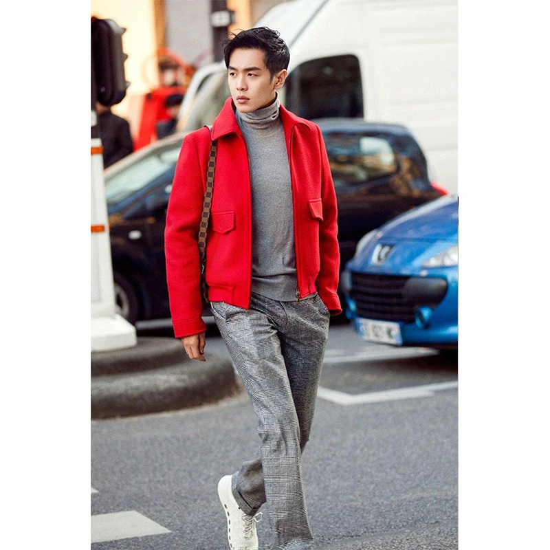 autumn and winter new woolen coat short casual shirt men's woolen coat lapel zipper hair stylist tide male