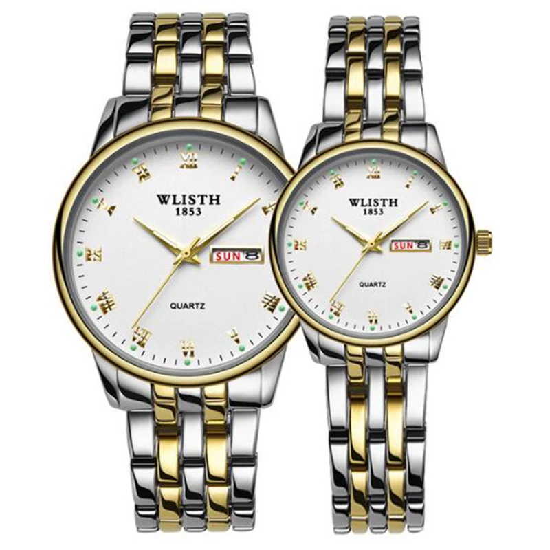 

WLISTH Couple Watch Stainless Steel Watches Date Week Luminous Fashion Lovers Watch Gift Box Quartz Wrist Watches for Men Women