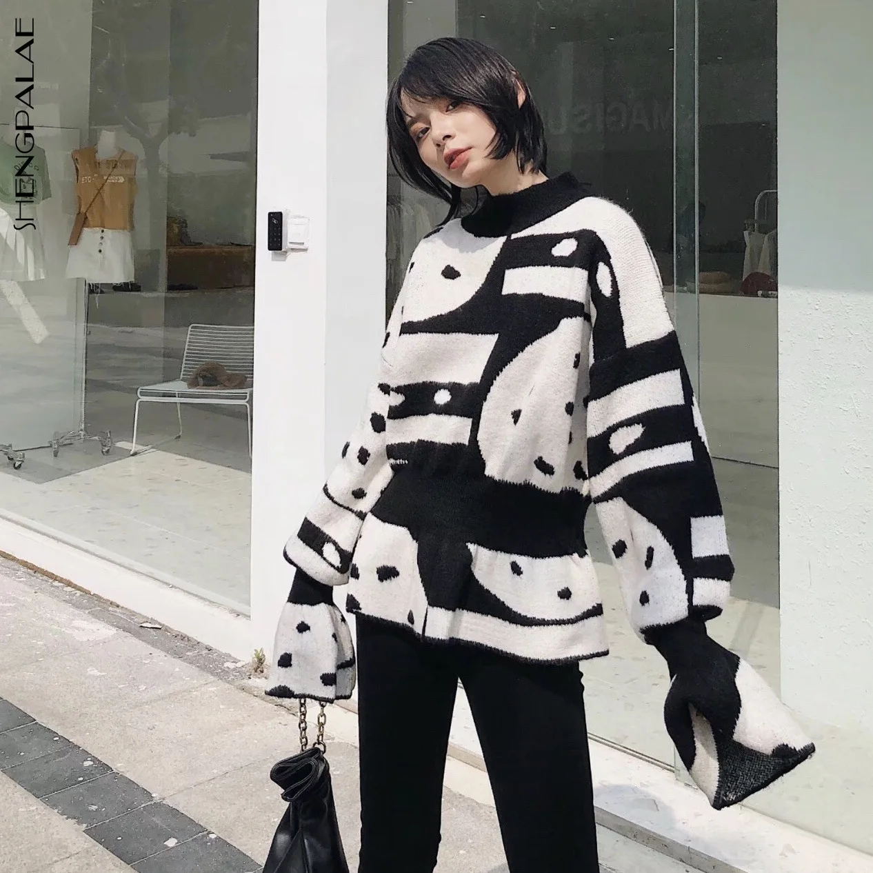 

SHENGPALAE 2019 Autumn Winter Korean Fashion Thick Women Pullovers Flare Sleeve Vintage [rinting Loose Female Sweater FT381