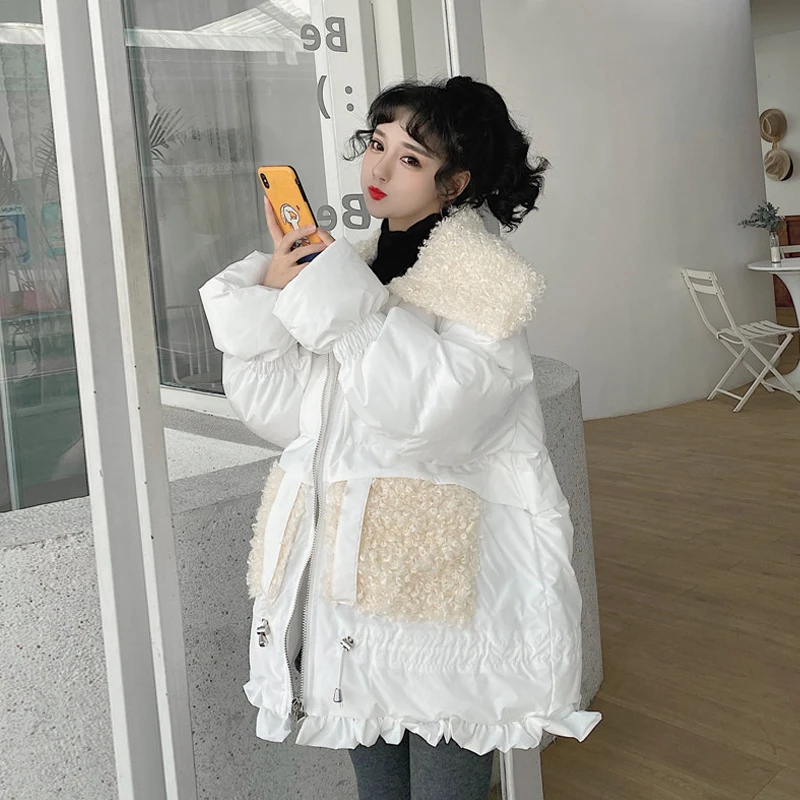 

Winter Warm Faux Fur Wool Patchwork Parkas Mid-length Women Puffer Jacket Thick Down Female Turn-down Collar Loose Coat Overcoat