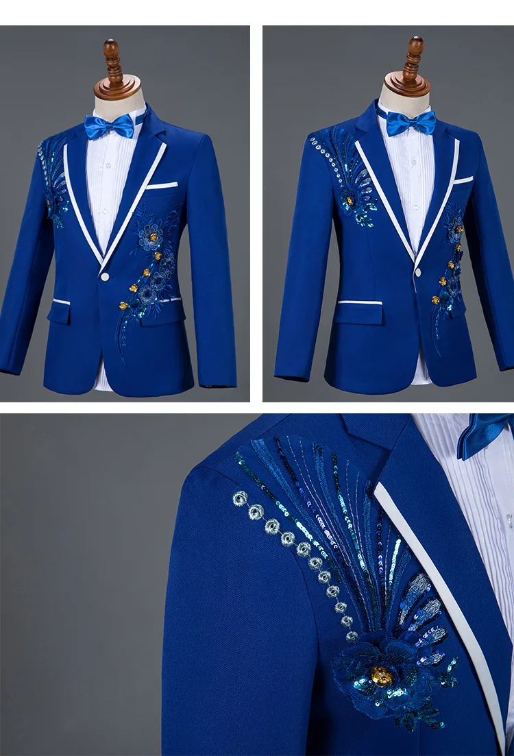 Men Wedding Groom Tuxedo Suits mens suit Pants Mens One Button Peak Lapel Stage Costume Traje Hombre 2XL Royal Blue Sequin Embroidery Suit