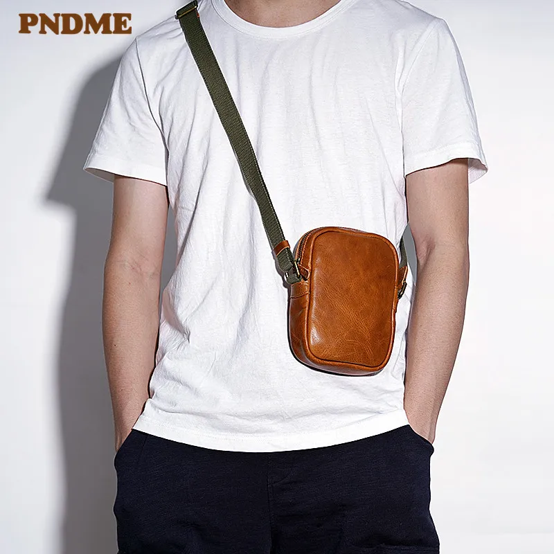 

PNDME simple casual natural genuine leather men's mini shoulder bag retro cowhide daily light women's small phone messenger bag