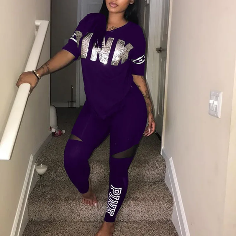 purple 2 Для женщин из двух частей комплект летнее платье розового цвета с буквенным принтом, спортивные костюмы с принтом размера плюс, футболка, комплект из топа и штанов для мальчиков костюмы Повседневное Bodcon комплект из 2 частей - Цвет: purple 2