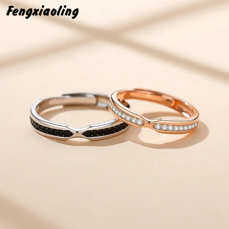 

Fengxiaoling 100% Genuine 925 Sterling Silver Multiple Zircons Simple Wedding Bands Couple Ring Fine Jewelry Cute Accessories