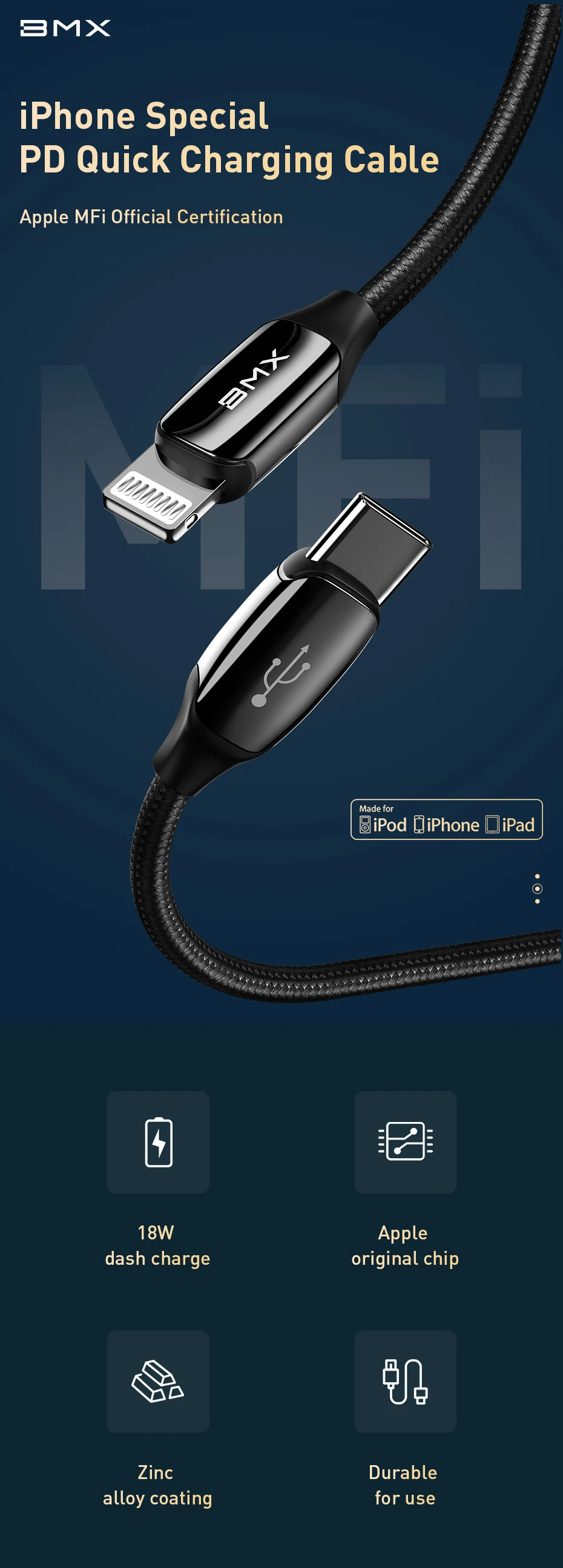 BMX MFi USB C к Lightning Кабель для iPhone XR XS Max USB кабель PD 18 Вт Кабель для быстрой зарядки для iPhone 11 Pro Max зарядный кабель