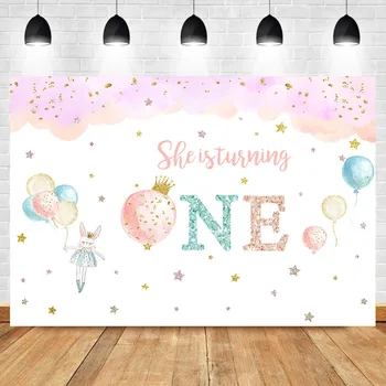 

NeoBack Girl's 1st Birthday Bunny Backdrop Happy First Birthday Glitter Star Colorful Ballons Watercolor Banner Photo Backdrops