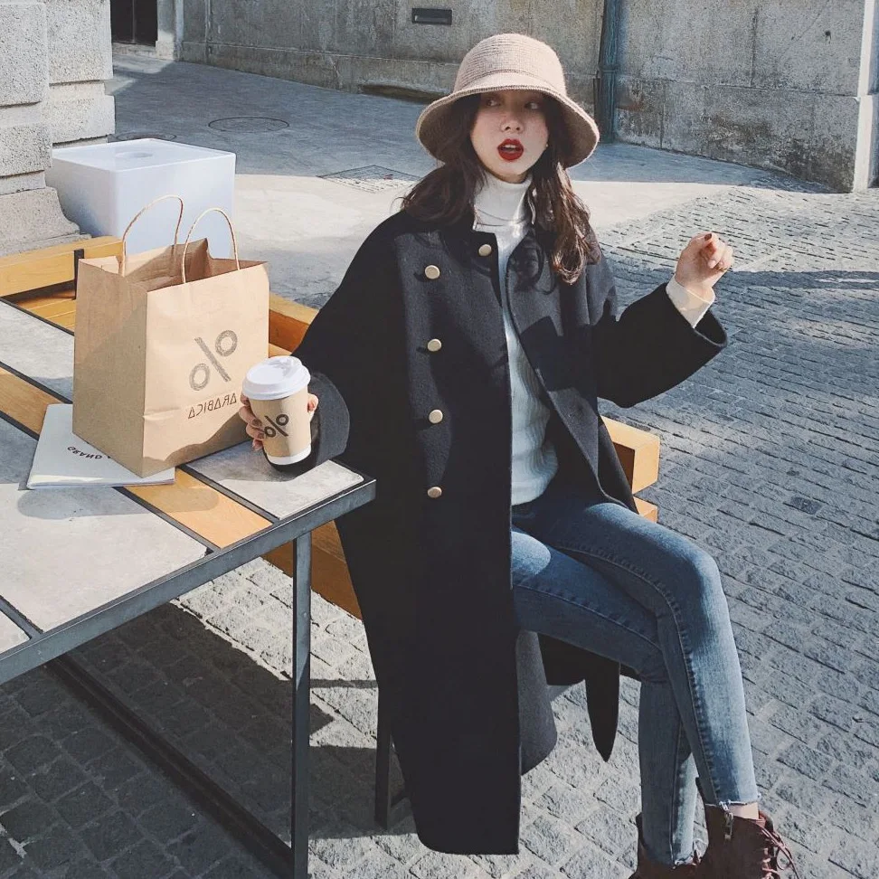 

Photo Shoot CHIC Hepburn Wind Young Black And White with Pattern Mid-length Stand Collar Chic Single Breasted Wool Woolen Cloth