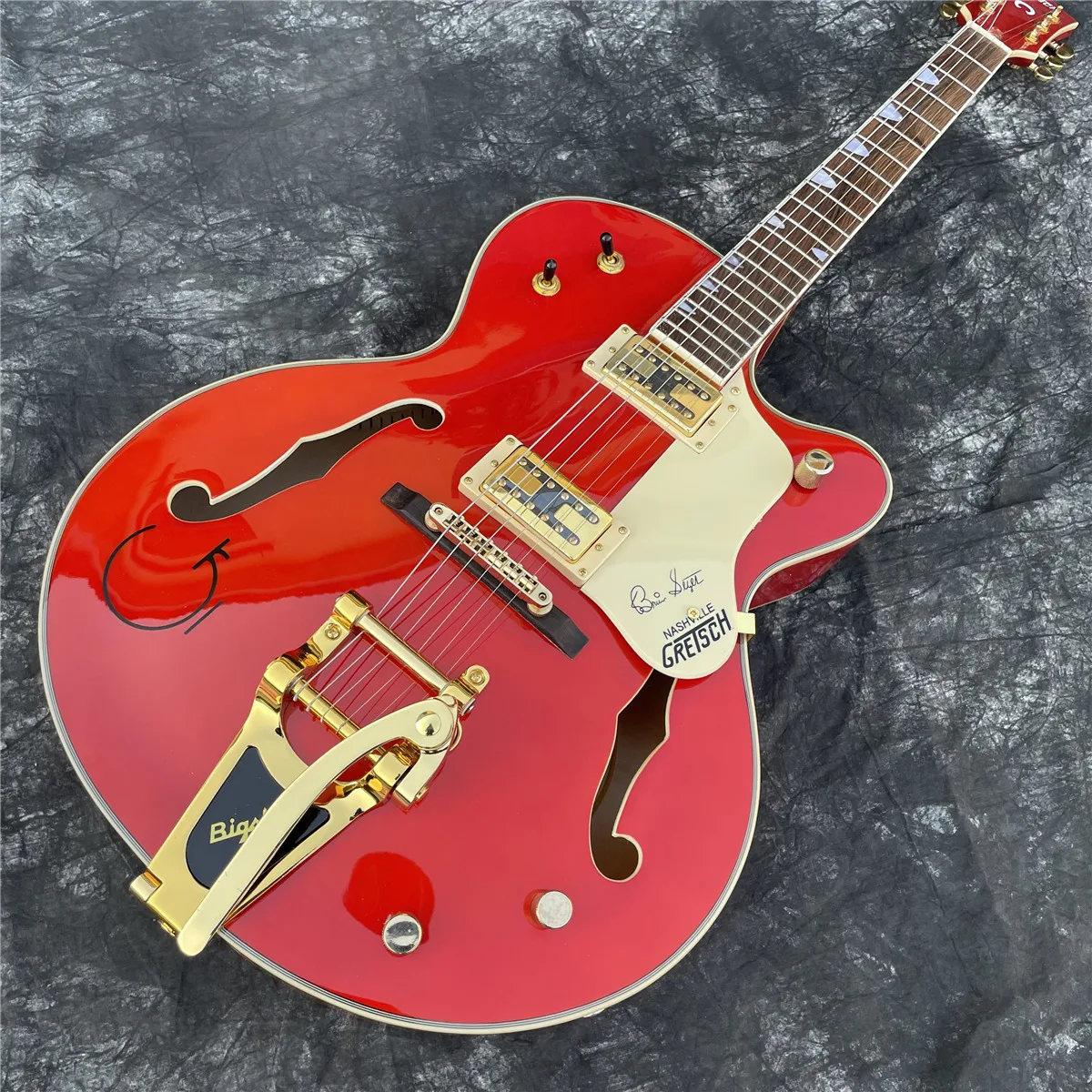 Semihollow Maple Body Electric Guitar,golded Bigsby Bridge Double F Holes Playing Jazz Guitar