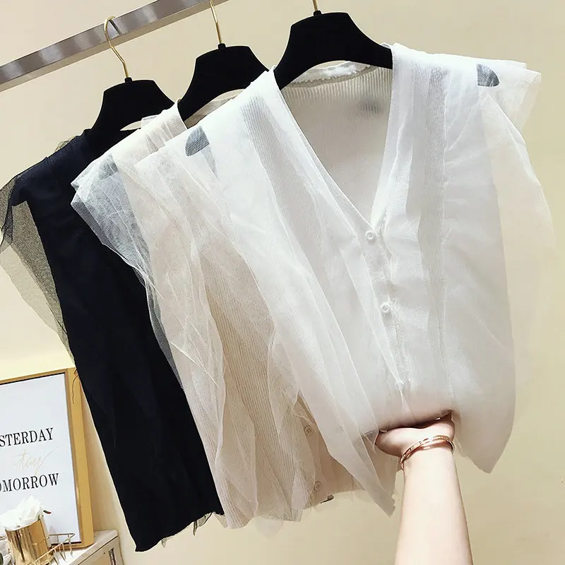 

Gauze V-neck Ruffles T Shirt Woman 2020 Spring and Summer New Style Button Sleeveless Shirt Women's T-shirt Ladies Tops
