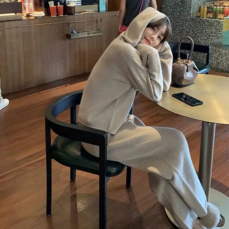 

Autumn Winter Knitted Tracksuit Women Long Sleeve Hooded Warm Wool Sweater Pullovers + Loose Straight Pants Set Two Piece Sets